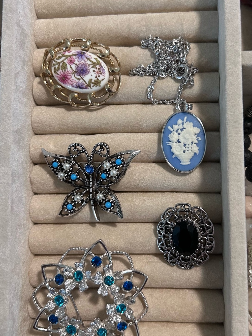 Sarah Coventry Brooches and Cameo necklace